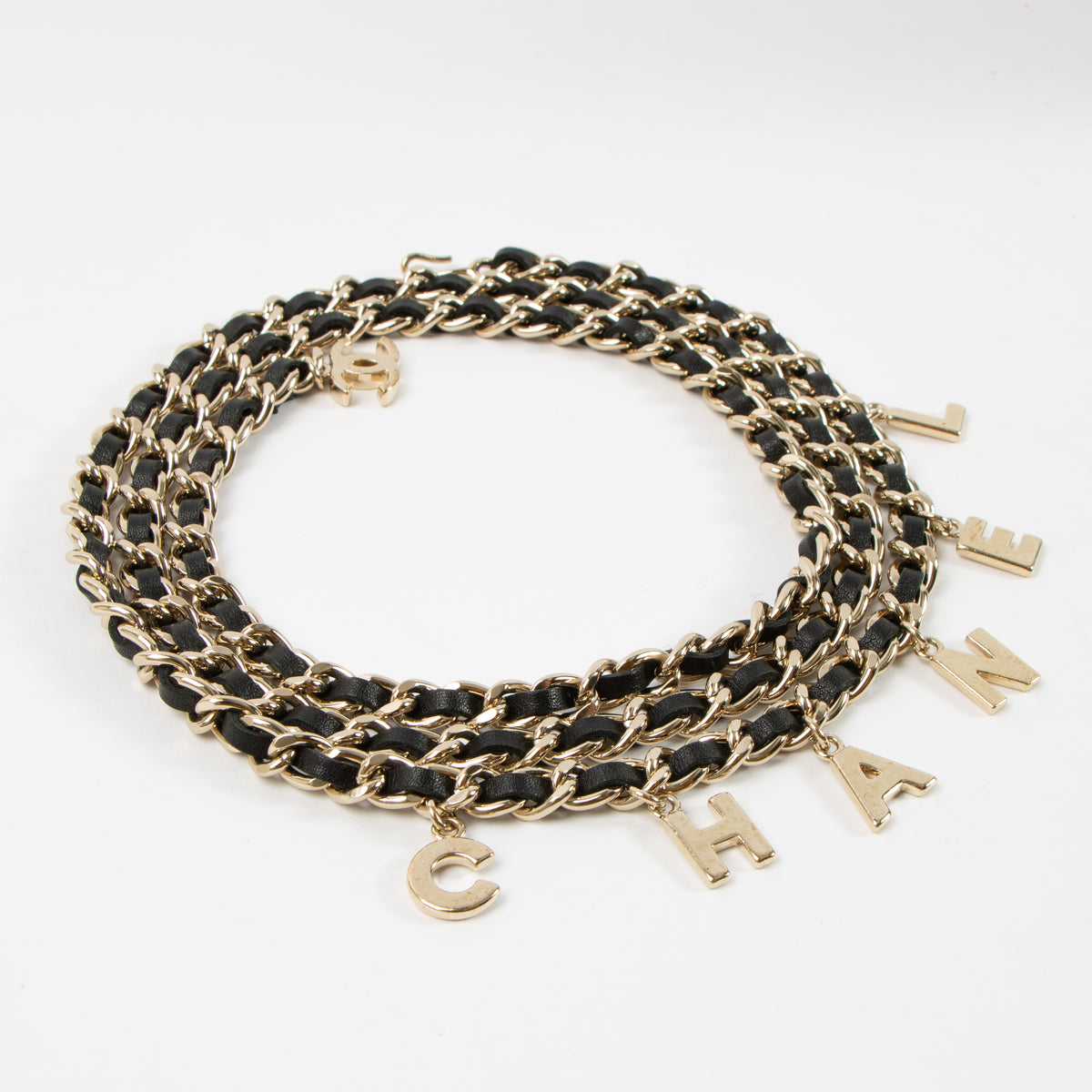 Shop this authentic Chanel Black Leather Logo Lettering Chain Belt pre-loved on Labellov.com