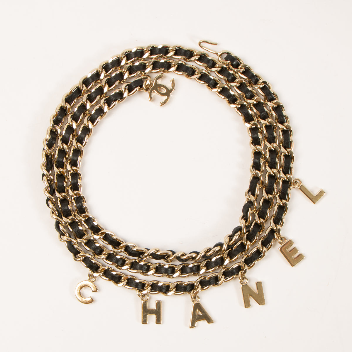 Shop this authentic Chanel Black Leather Logo Lettering Chain Belt pre-loved on Labellov.com