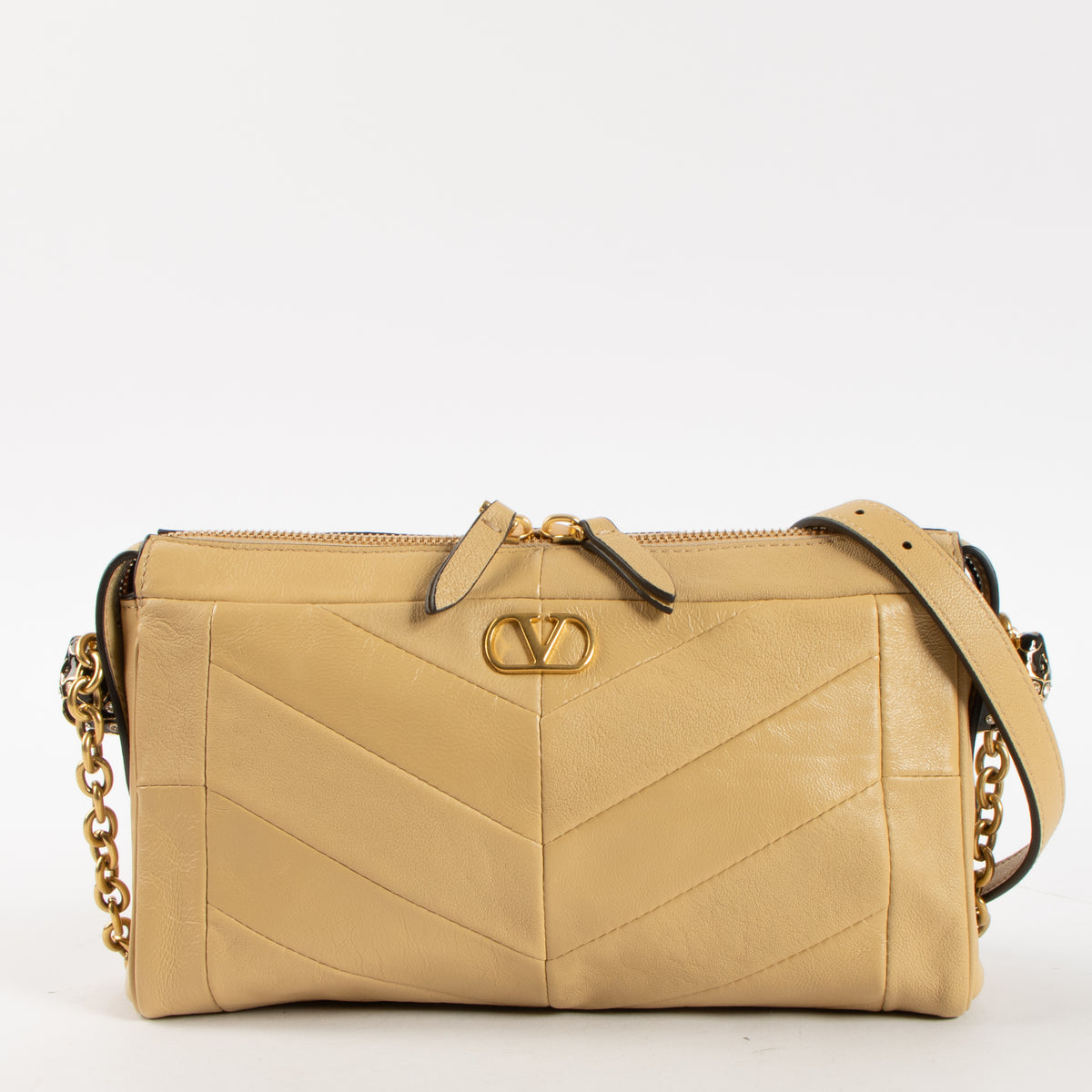 Valentino Garavani Gold Beige Nappa Chevron Small Panthea Bag