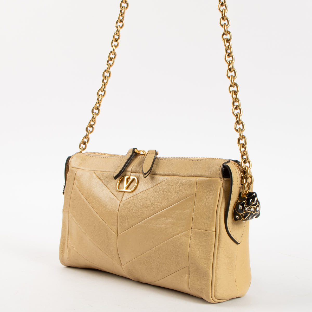 Valentino Garavani Gold Beige Nappa Chevron Small Panthea Bag