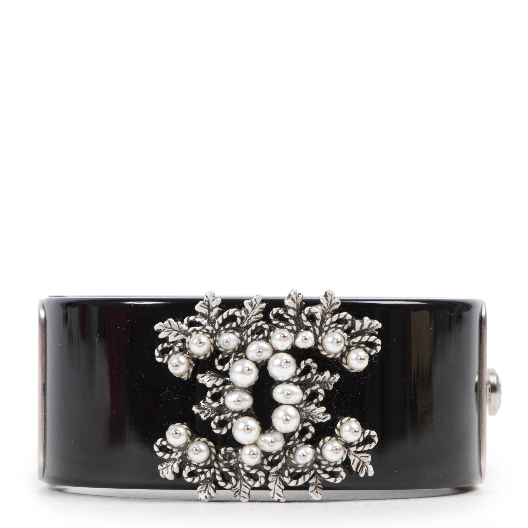 Chanel Black Floral Motif Acrylic Cuff Bracelet