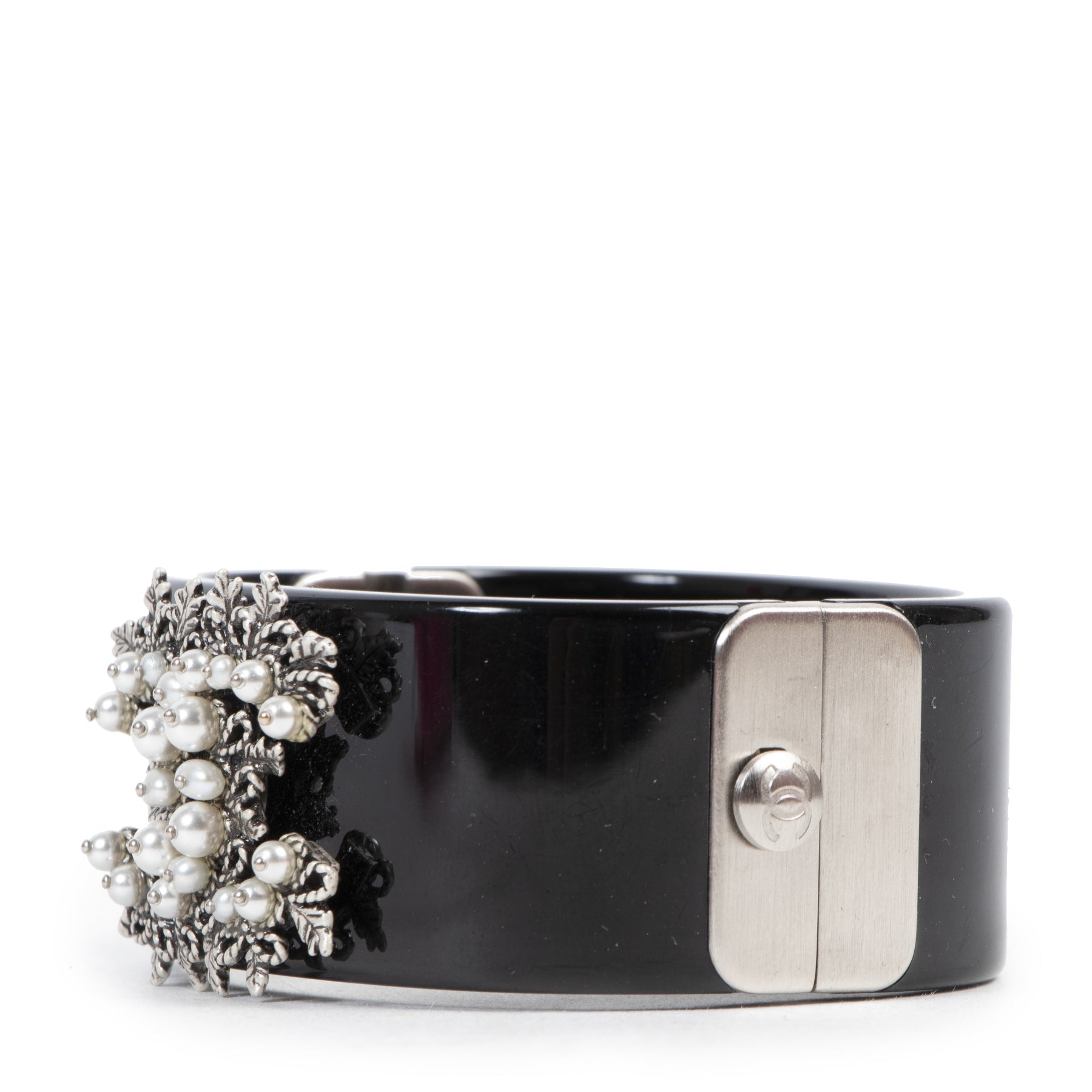 Chanel Black Floral Motif Acrylic Cuff Bracelet