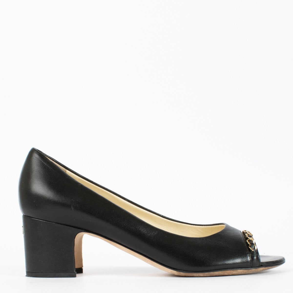 Authentic pre-loved Chanel Black Lambskin Chain Trim Peep Toe Block Heels — Size 39.5 on Labellov.com