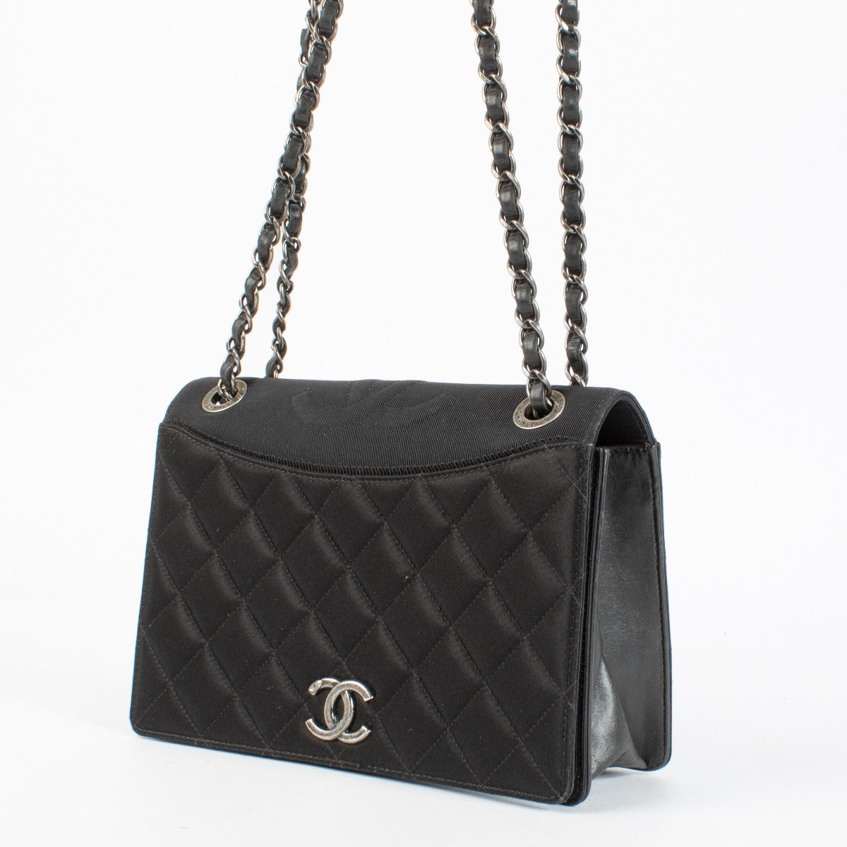 Chanel Black Quilted Satin Ballerine Flap Bag with silver chain strap and CC logo clasp at Labellov.com