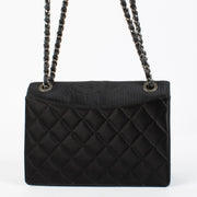 Chanel Black Quilted Satin Ballerine Flap Bag with silver chain strap and CC logo clasp at Labellov.com