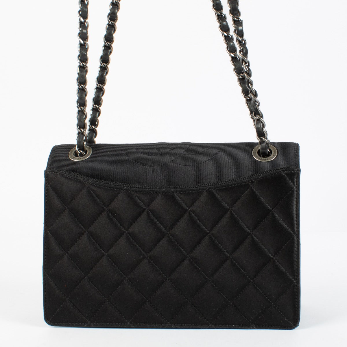 Chanel Black Quilted Satin Ballerine Flap Bag with silver chain strap and CC logo clasp at Labellov.com