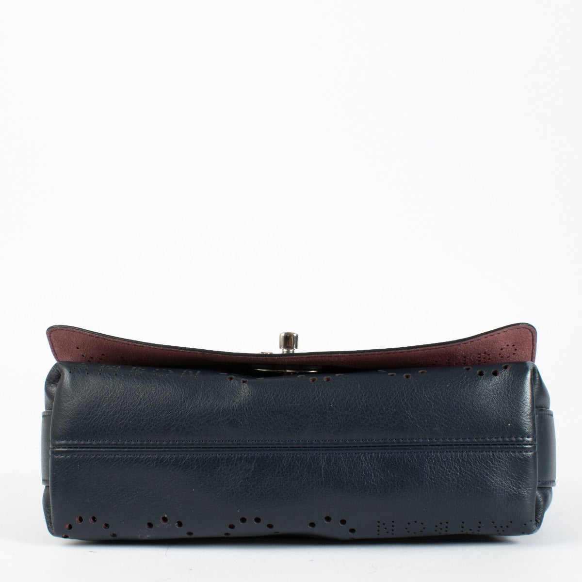 Chanel Blue Eyelet Flap Bag with silver chain strap and pink suede interior at Labellov.com