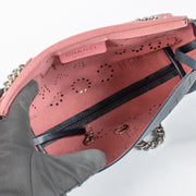 Chanel Blue Eyelet Flap Bag with silver chain strap and pink suede interior at Labellov.com
