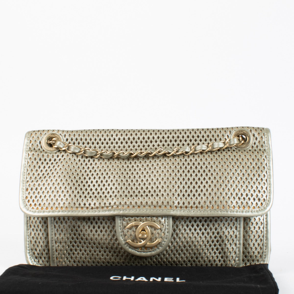 Chanel Silver Perforated Flap Bag with gold CC clasp and chain strap at Labellov.com