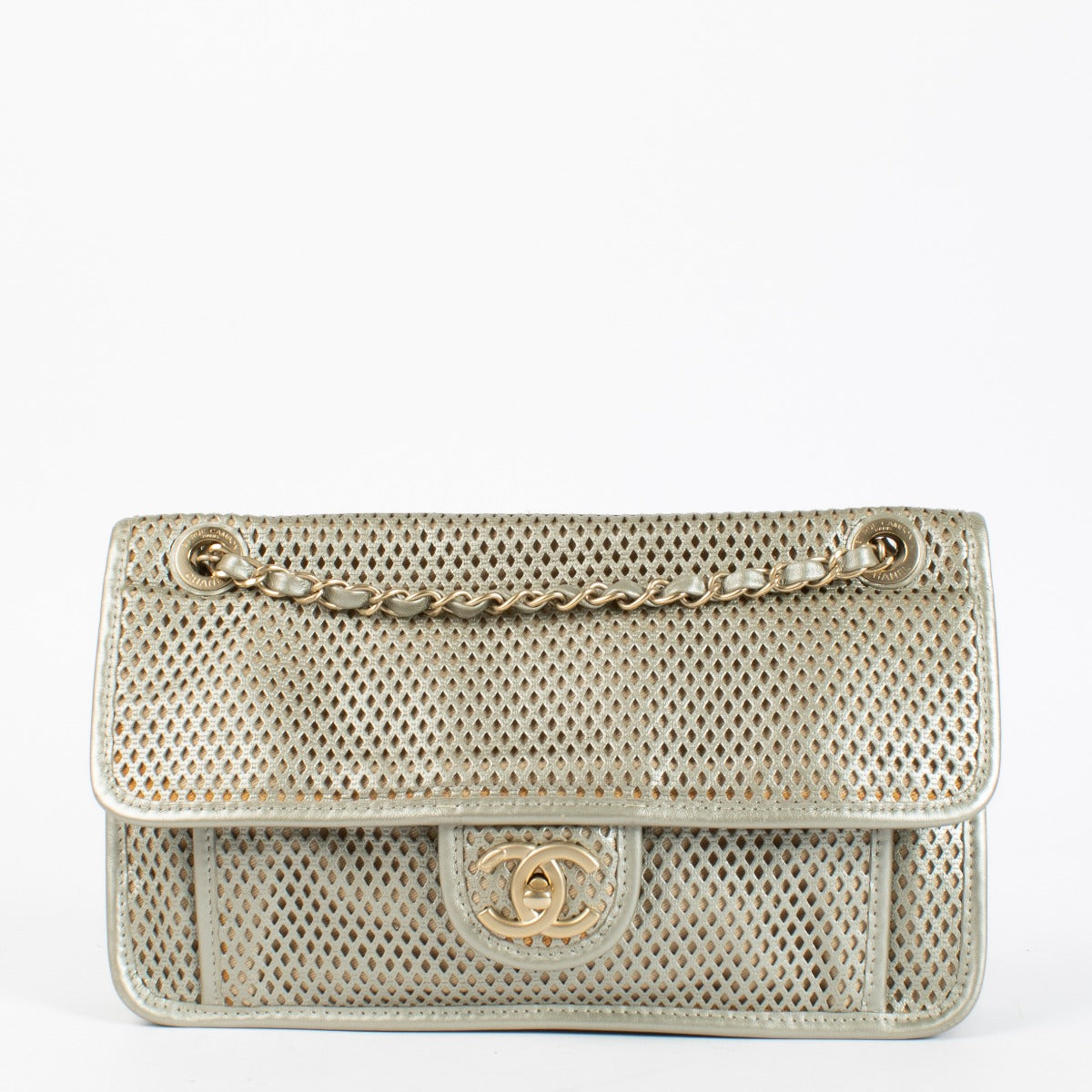 Chanel Silver Perforated Flap Bag with gold CC clasp and chain strap at Labellov.com