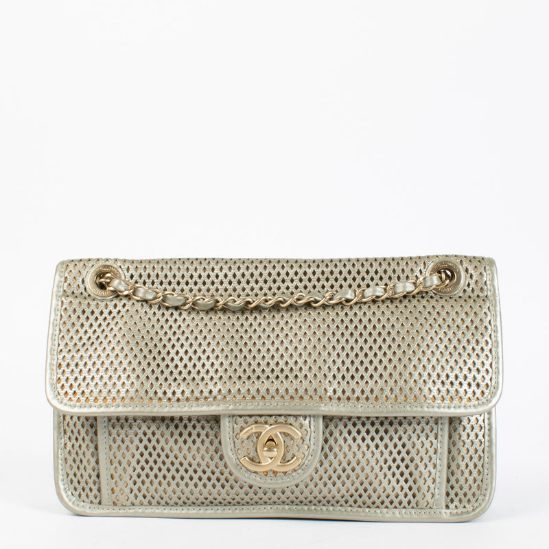 Chanel Silver Perforated Flap Bag with gold CC clasp and chain strap at Labellov.com