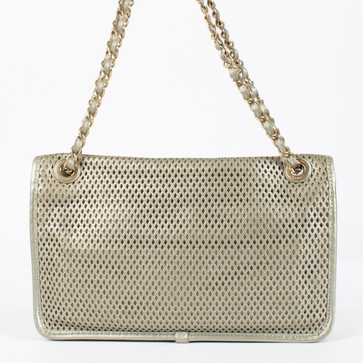 Chanel Silver Perforated Flap Bag with gold CC clasp and chain strap at Labellov.com