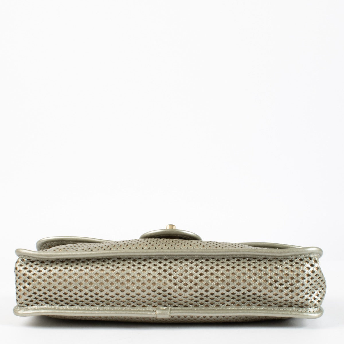 Chanel Silver Perforated Flap Bag with gold CC clasp and chain strap at Labellov.com