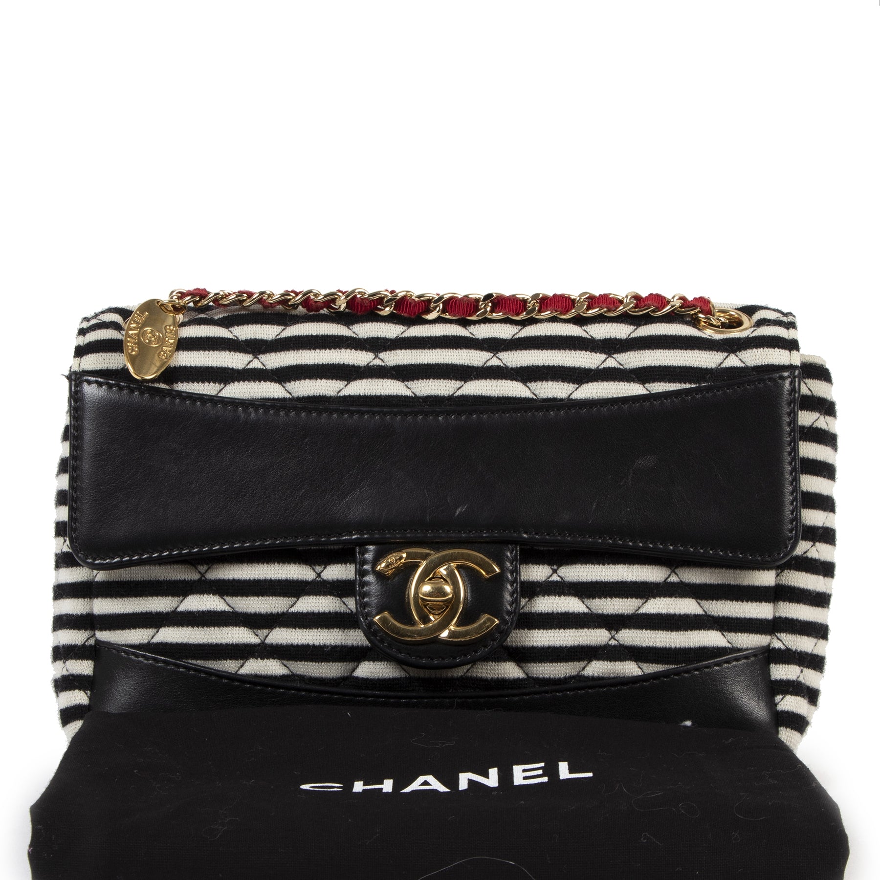 skip the waiting list Chanel Striped Quilted Jersey Fabric & Navy Lambskin Coco Sailor New Mini Classic Single Flap Bag