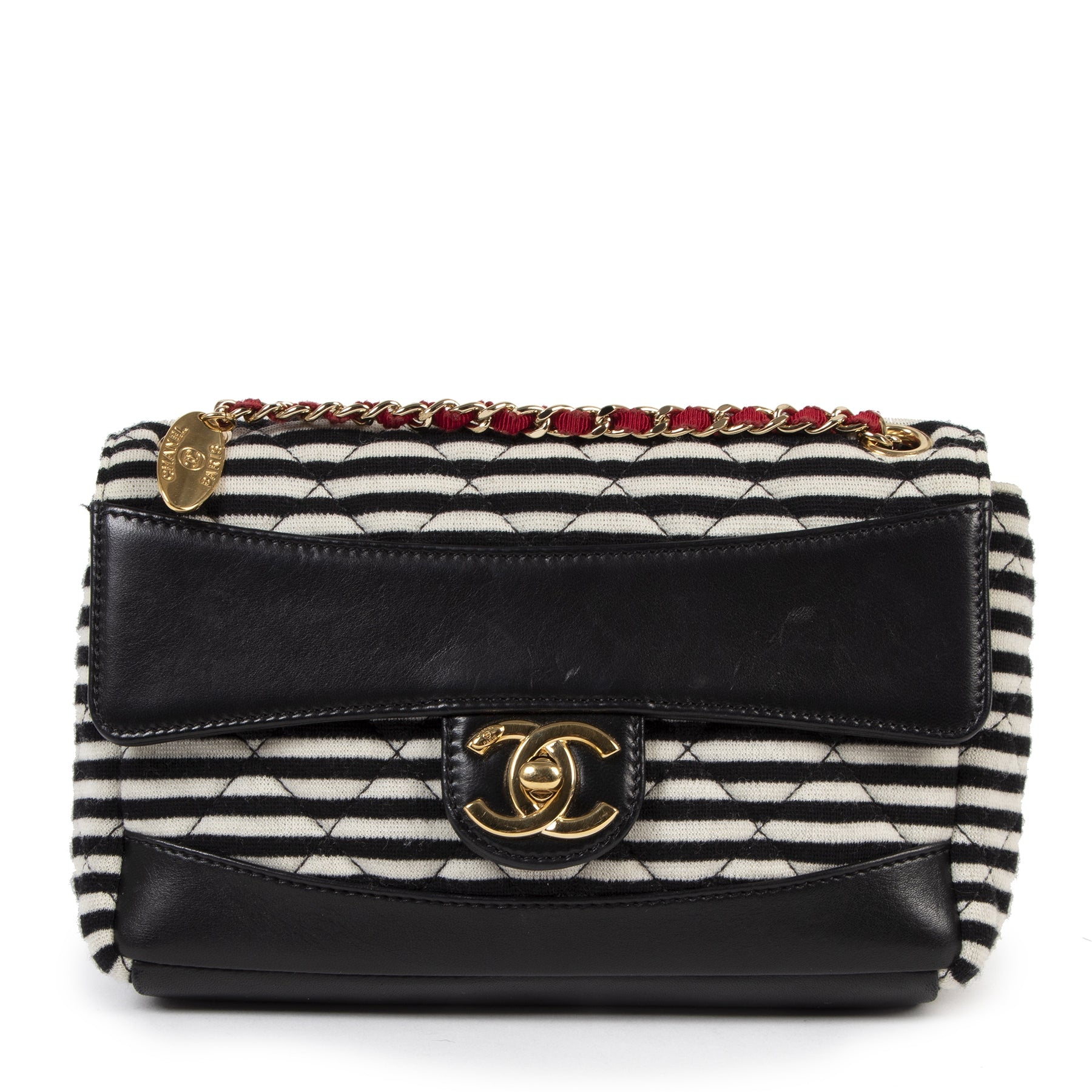 limited Chanel Striped Quilted Jersey Fabric & Navy Lambskin Coco Sailor New Mini Classic Single Flap Bag