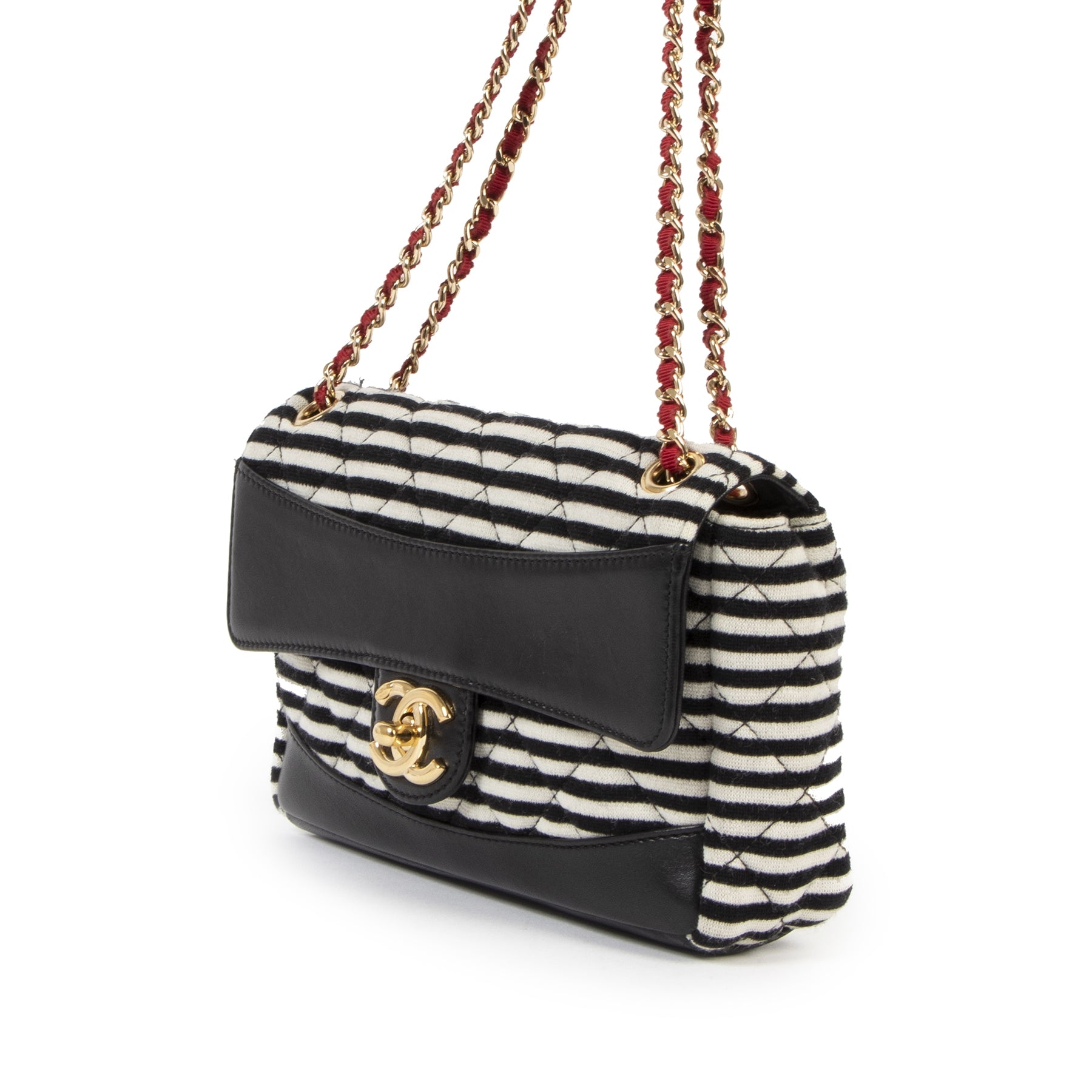 Chanel Striped Quilted Jersey Fabric & Navy Lambskin Coco Sailor New Mini Classic Single Flap Bag