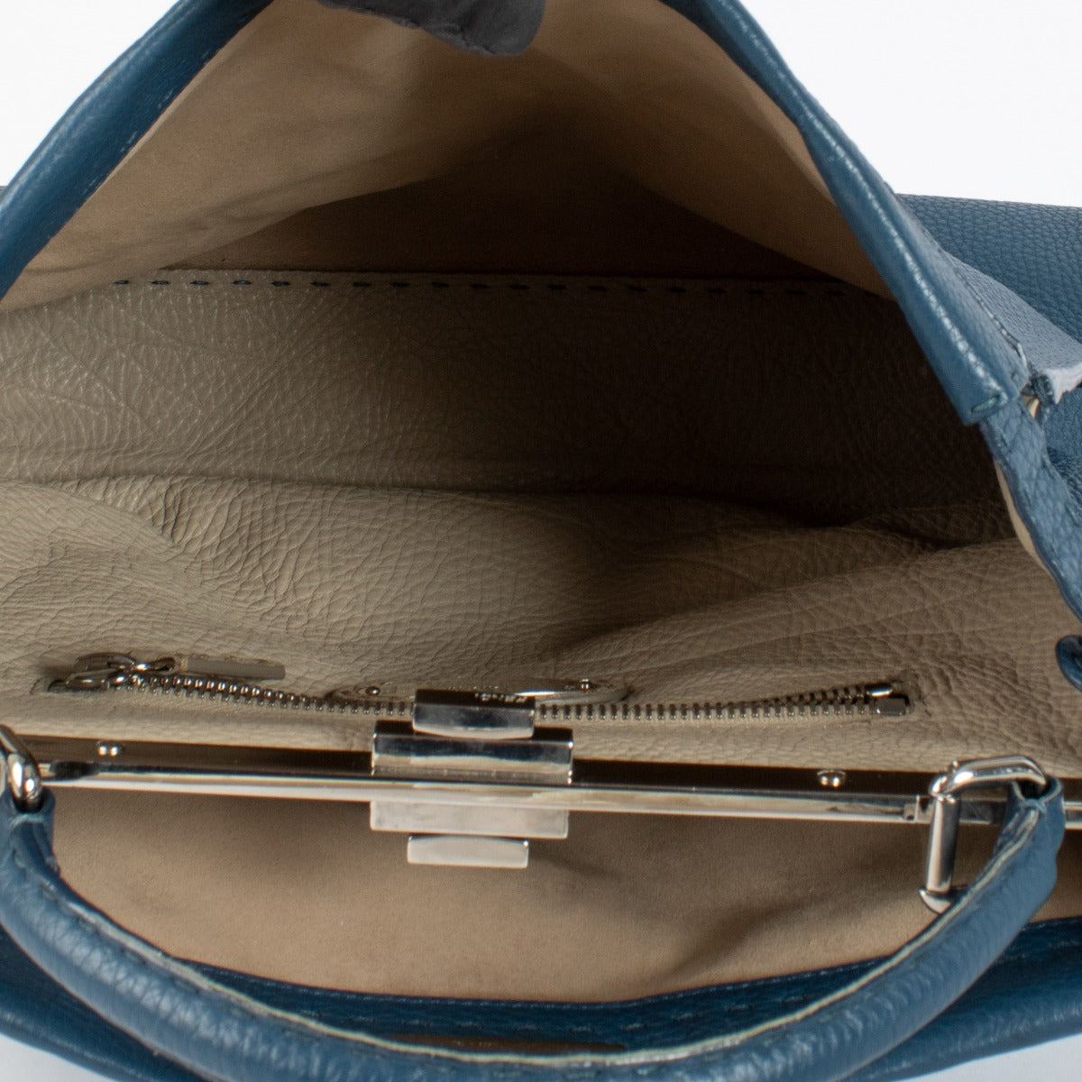 Fendi Blue Grained Leather Peekaboo Bag with silver-tone hardware and top handle at Labellov.com