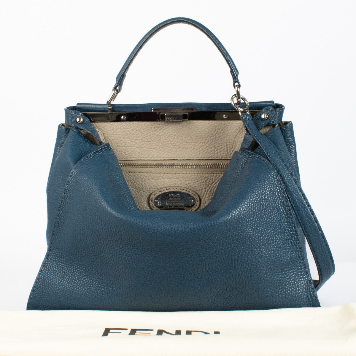Fendi Blue Grained Leather Peekaboo Bag with silver-tone hardware and top handle at Labellov.com