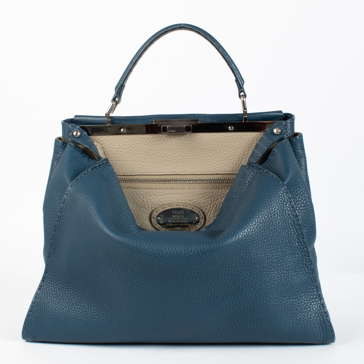 Fendi Blue Grained Leather Peekaboo Bag with silver-tone hardware and top handle at Labellov.com