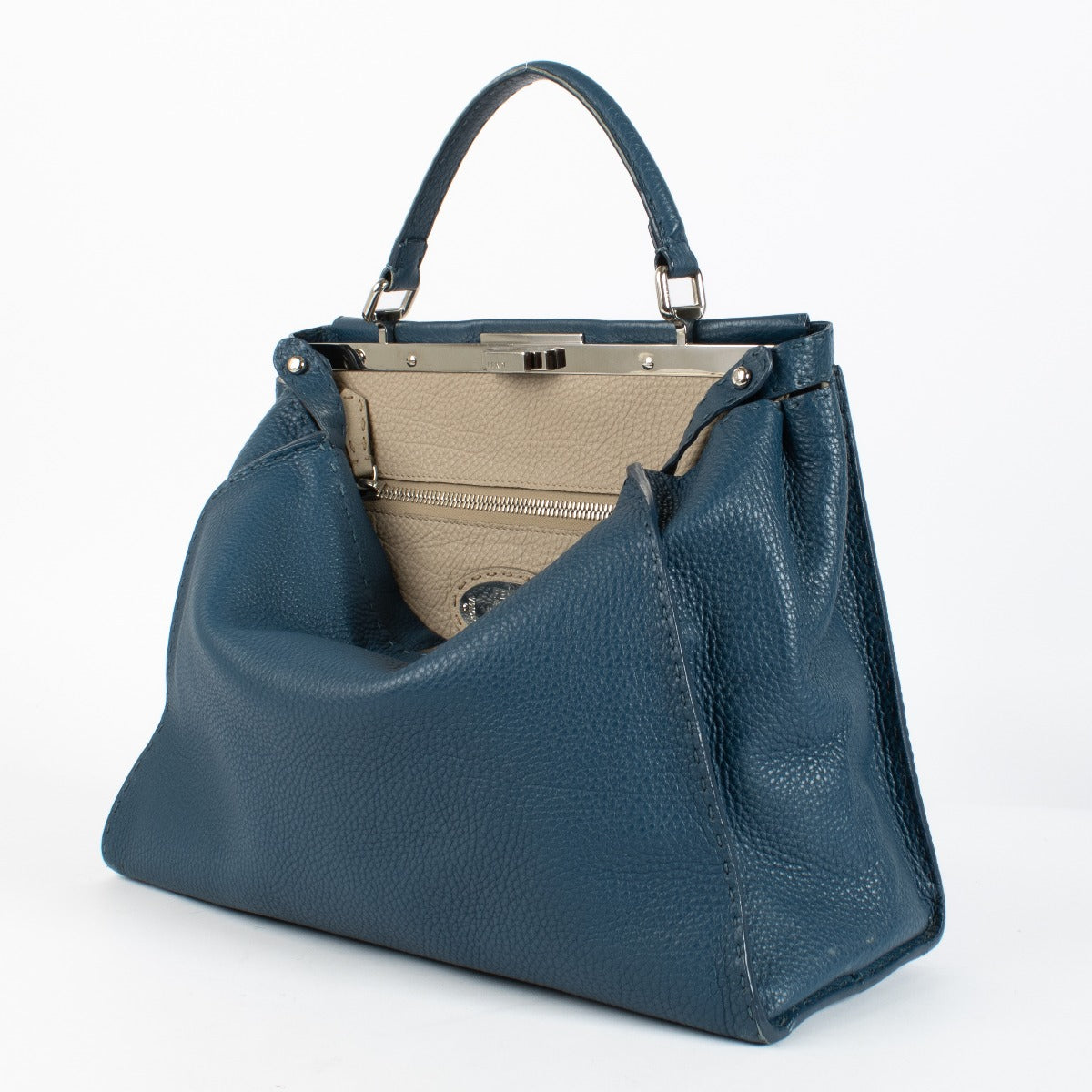 Fendi Blue Grained Leather Peekaboo Bag with silver-tone hardware and top handle at Labellov.com