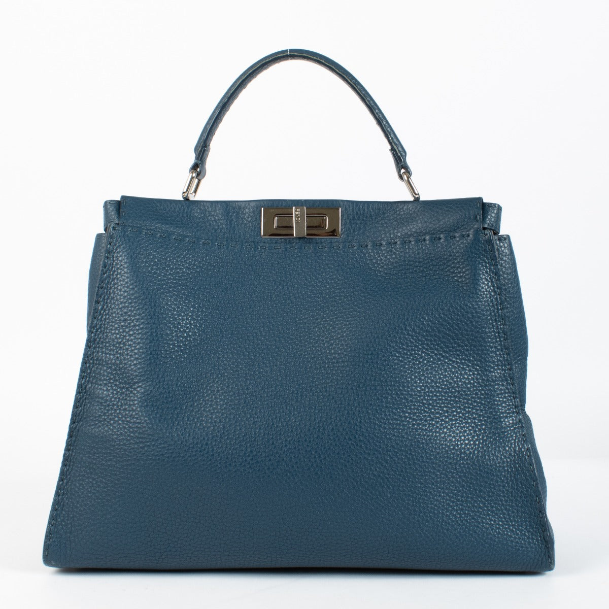 Fendi Blue Grained Leather Peekaboo Bag with silver-tone hardware and top handle at Labellov.com