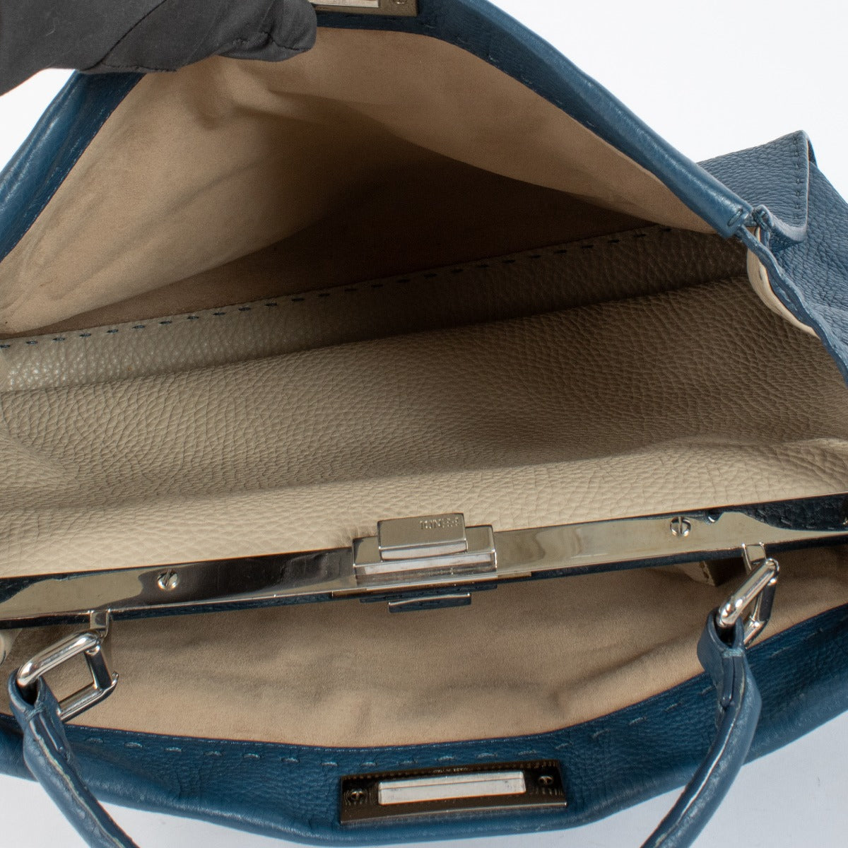 Fendi Blue Grained Leather Peekaboo Bag with silver-tone hardware and top handle at Labellov.com