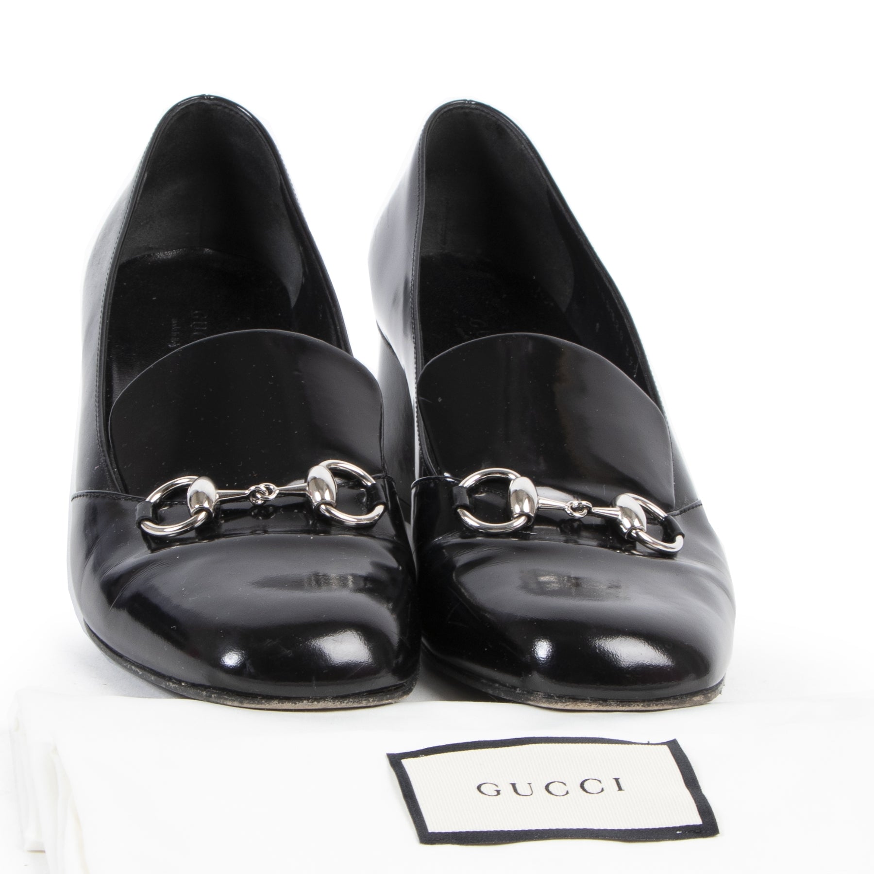 koop veili gonline Gucci Black Patent Horsebit Heels