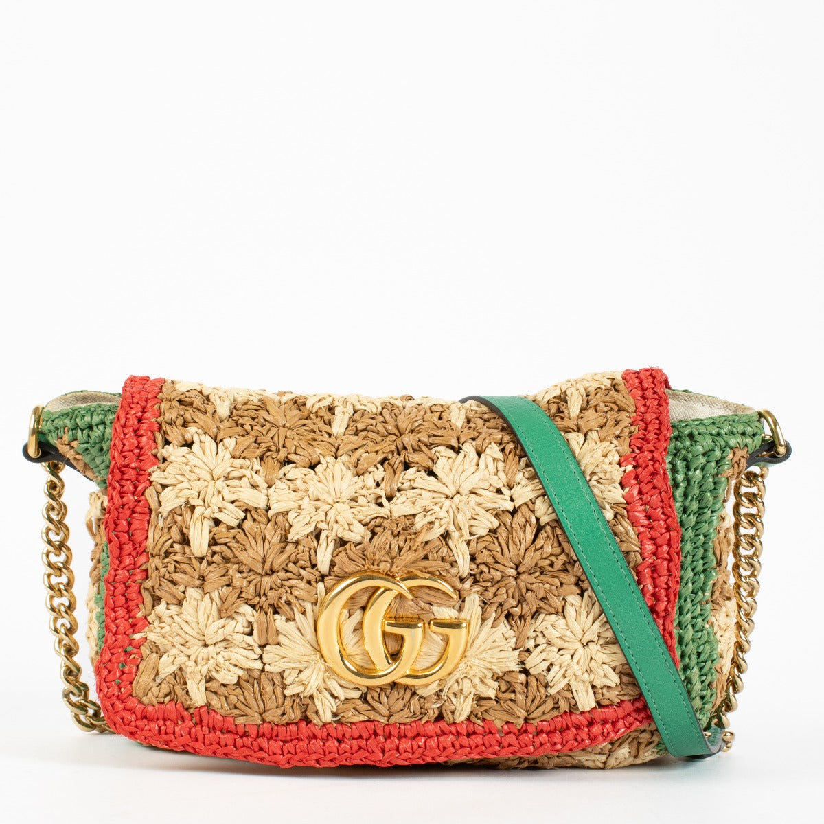 Authentic pre-loved Gucci Multicolor GG Marmont Raffia Small Flap Crossbody Bag on Labellov.com