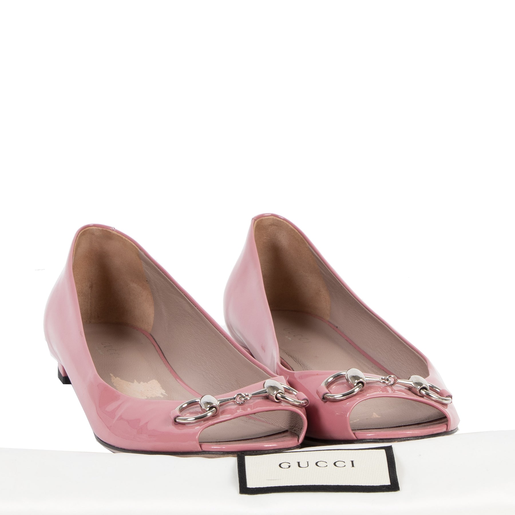 Authentieke Tweedehands Gucci Pink Horsebit Patent Leather Open Toe Ballerina Flats - 39,5 juiste prijs veilig online shoppen luxe merken webshop winkelen Antwerpen België mode fashion