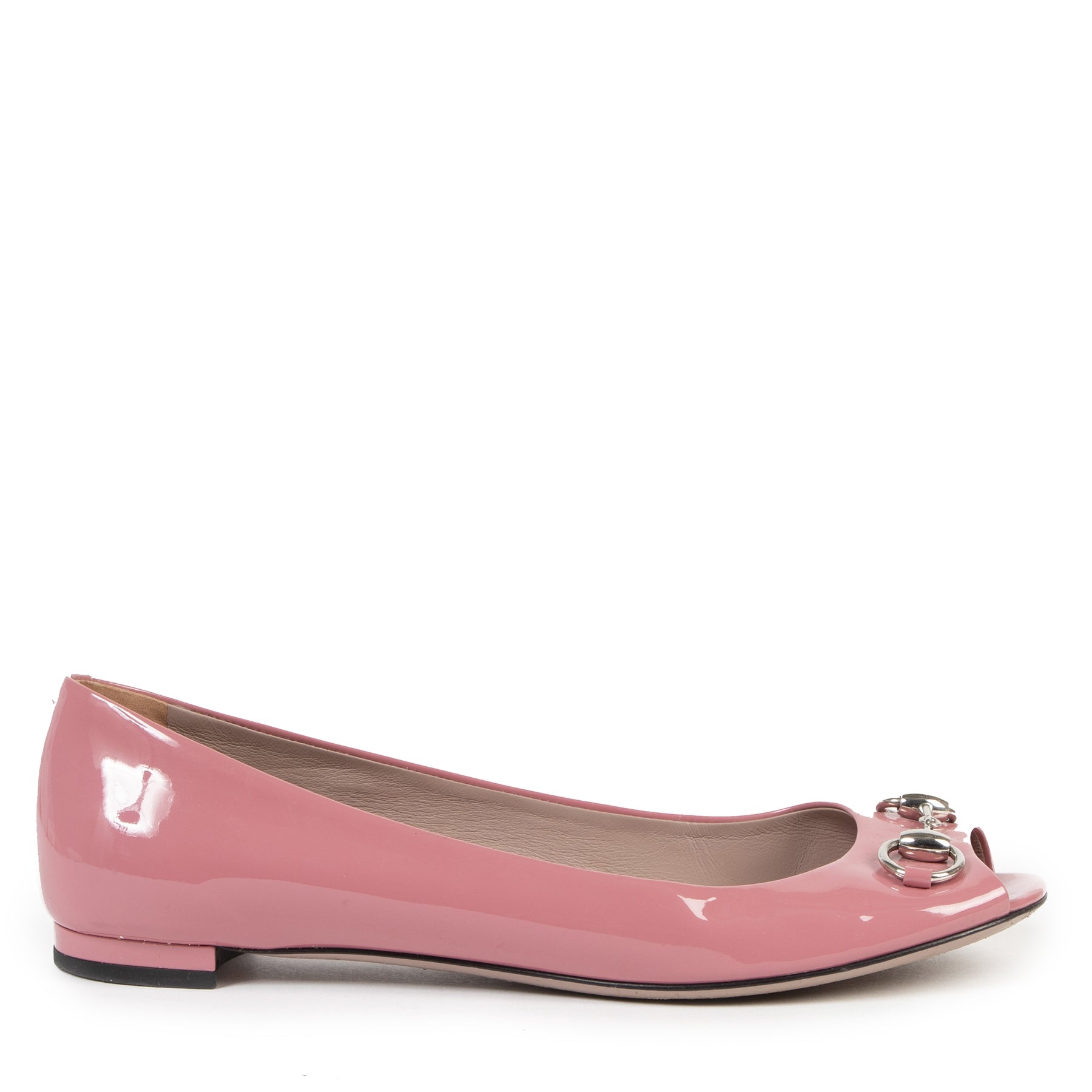 Authentic secondhand Gucci Pink Horsebit Patent Leather Open Toe Ballerina Flats - 39,5 designer shoes designer brands fashion luxury vintage webshop