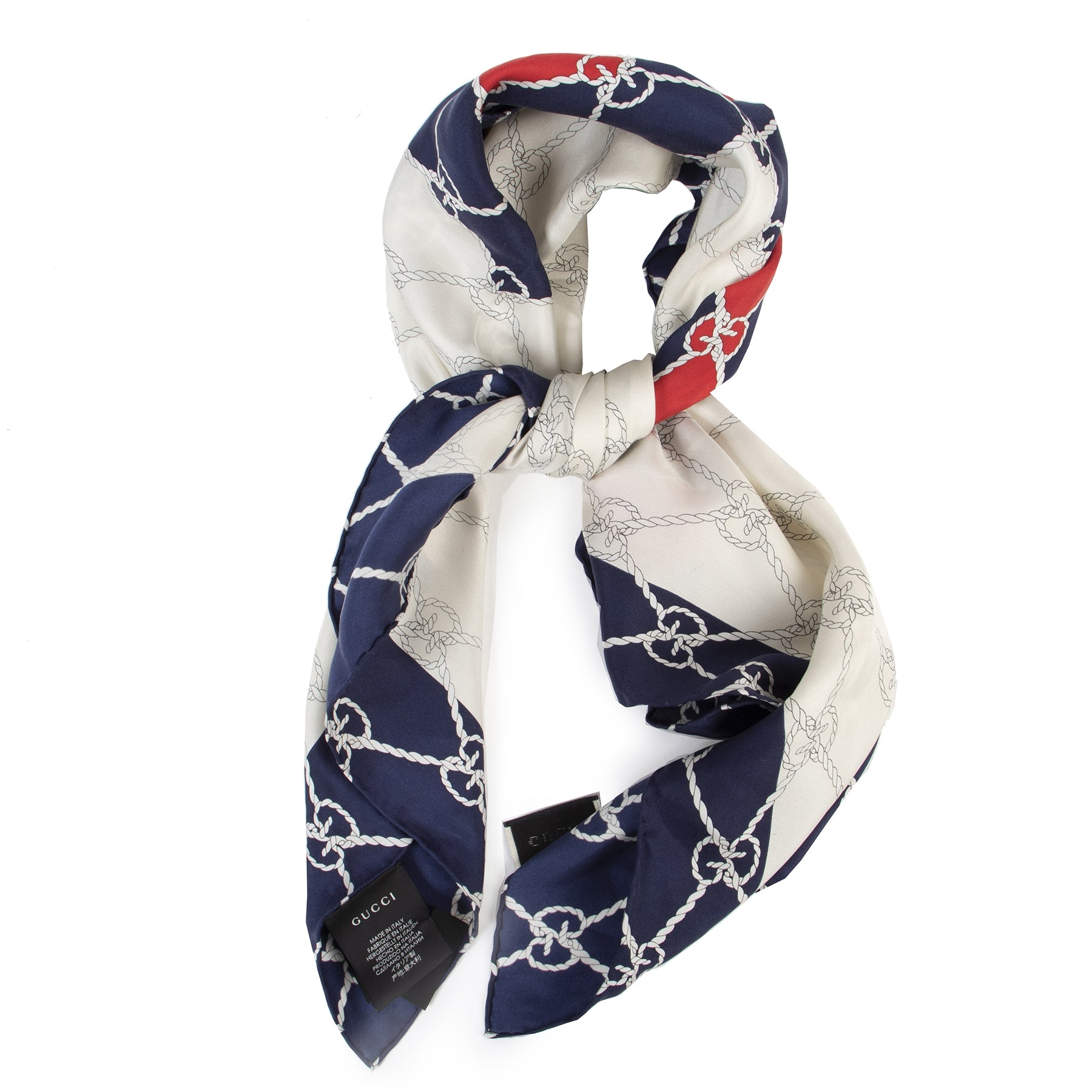 Authentieke Tweedehands Gucci GG Logo Ropes Silk Scarf juiste prijs veilig online shopping luxe merken webshop winkelen Antwerpen België mode fashion