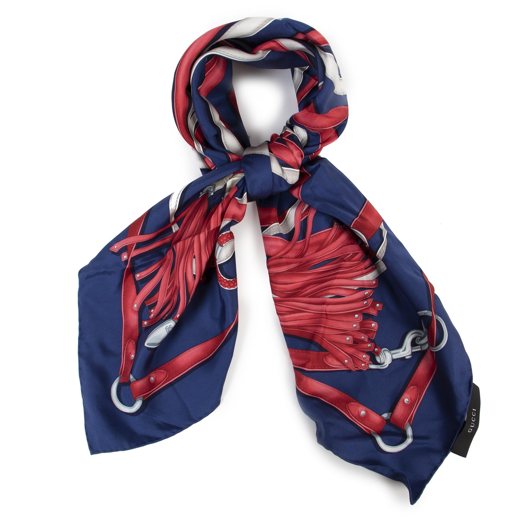 Authentieke Tweedehands Gucci Navy Blue Red GG Silk Scarf juiste prijs veilig online shoppen luxe merken webshop winkelen Antwerpen België mode fashion