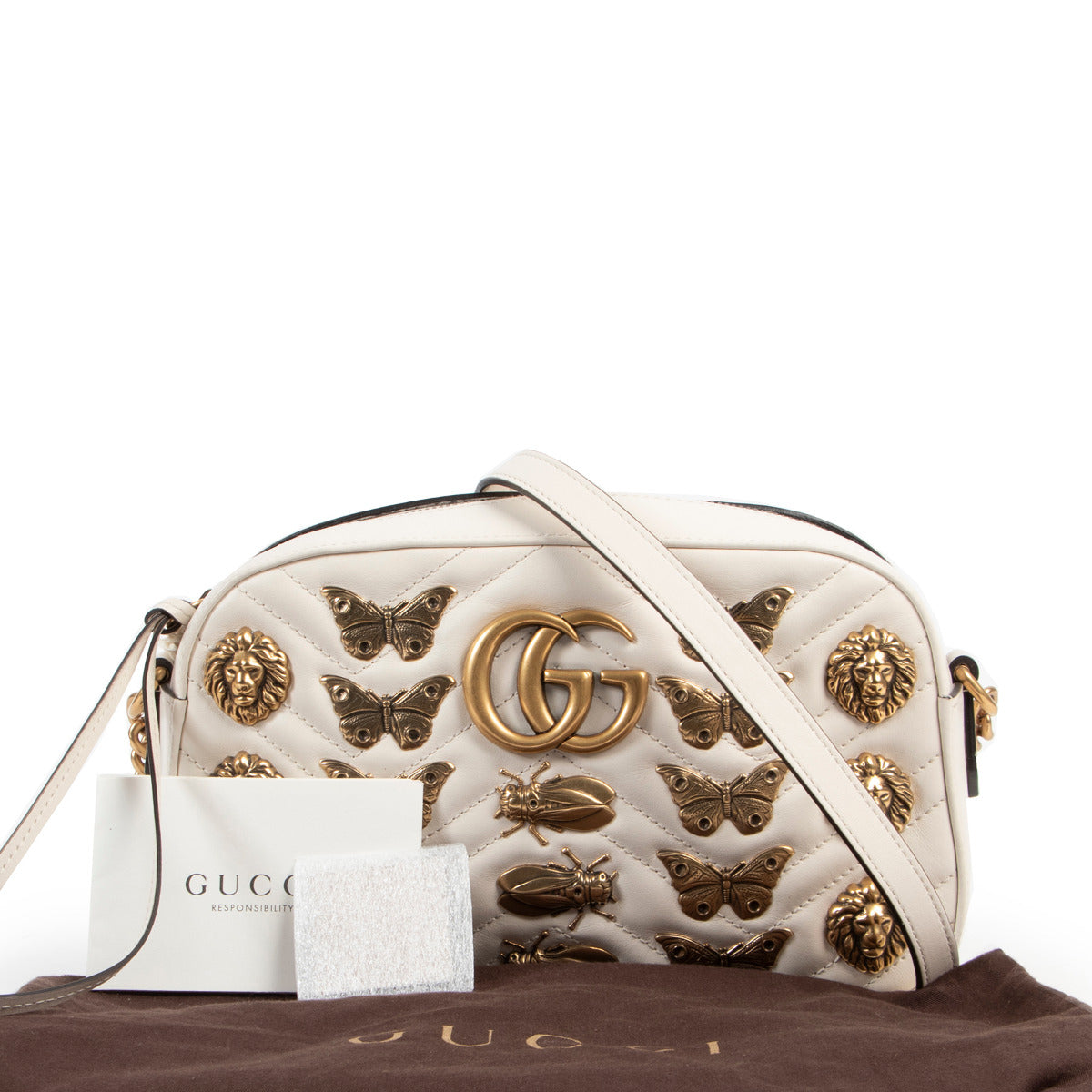 Gucci Crèmekleurige Tas met Dierlijke Studs Kleine GG Marmont