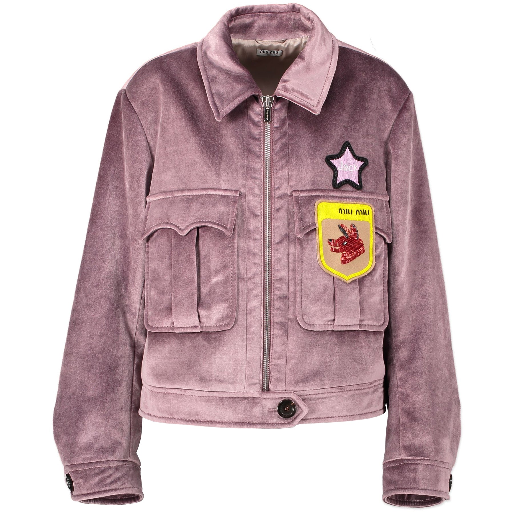 Authentieke Tweedehands Miu Miu FW16 Purple Velvet Beaded Appliqué Jacket - Size IT46 juiste prijs veilig online shoppen luxe merken webshop winkelen Antwerpen België mode fashion