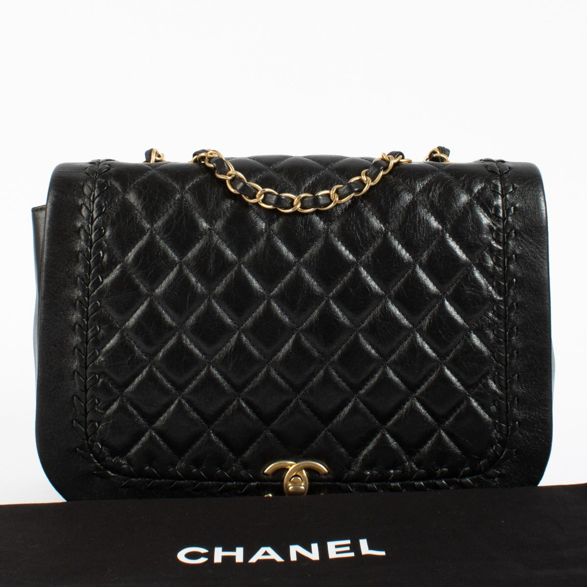 Chanel Black Aged Calfskin Braided Curve Flap Bag
