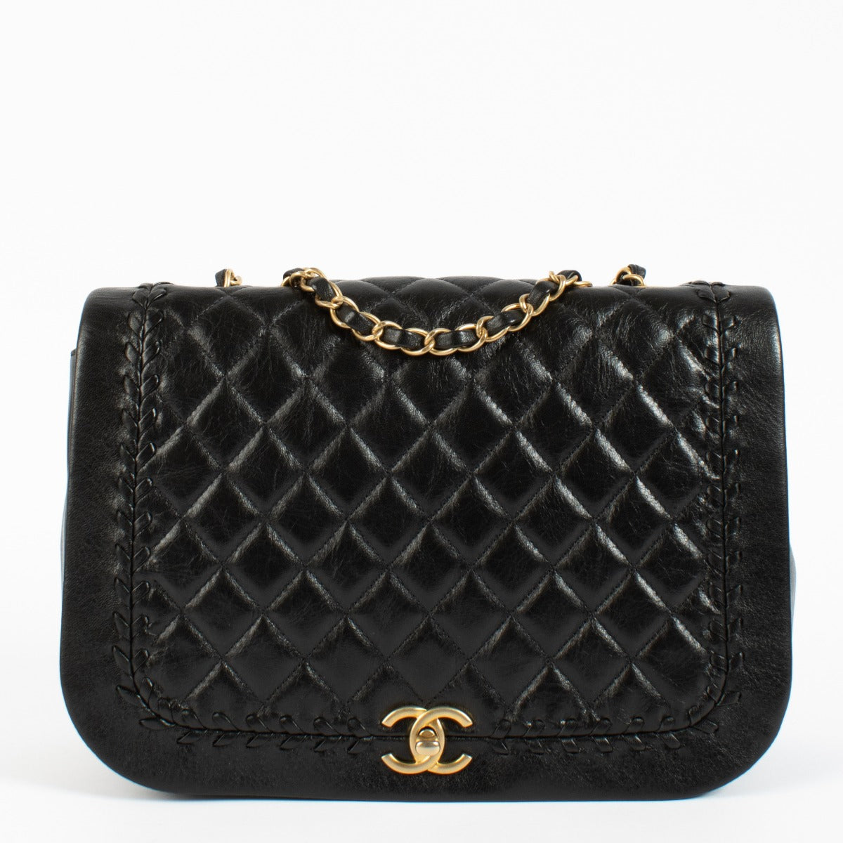 Chanel Black Aged Calfskin Braided Curve Flap Bag