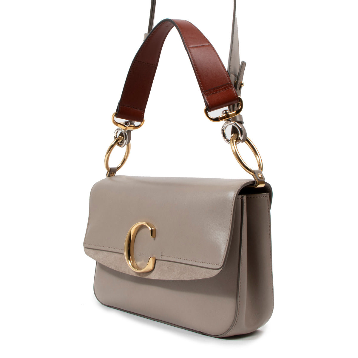 Are you looking for an authentic designer Chloé Motty Grey C Double Carry Shoulder Bag? Find the one you're looking for here at Labellov.