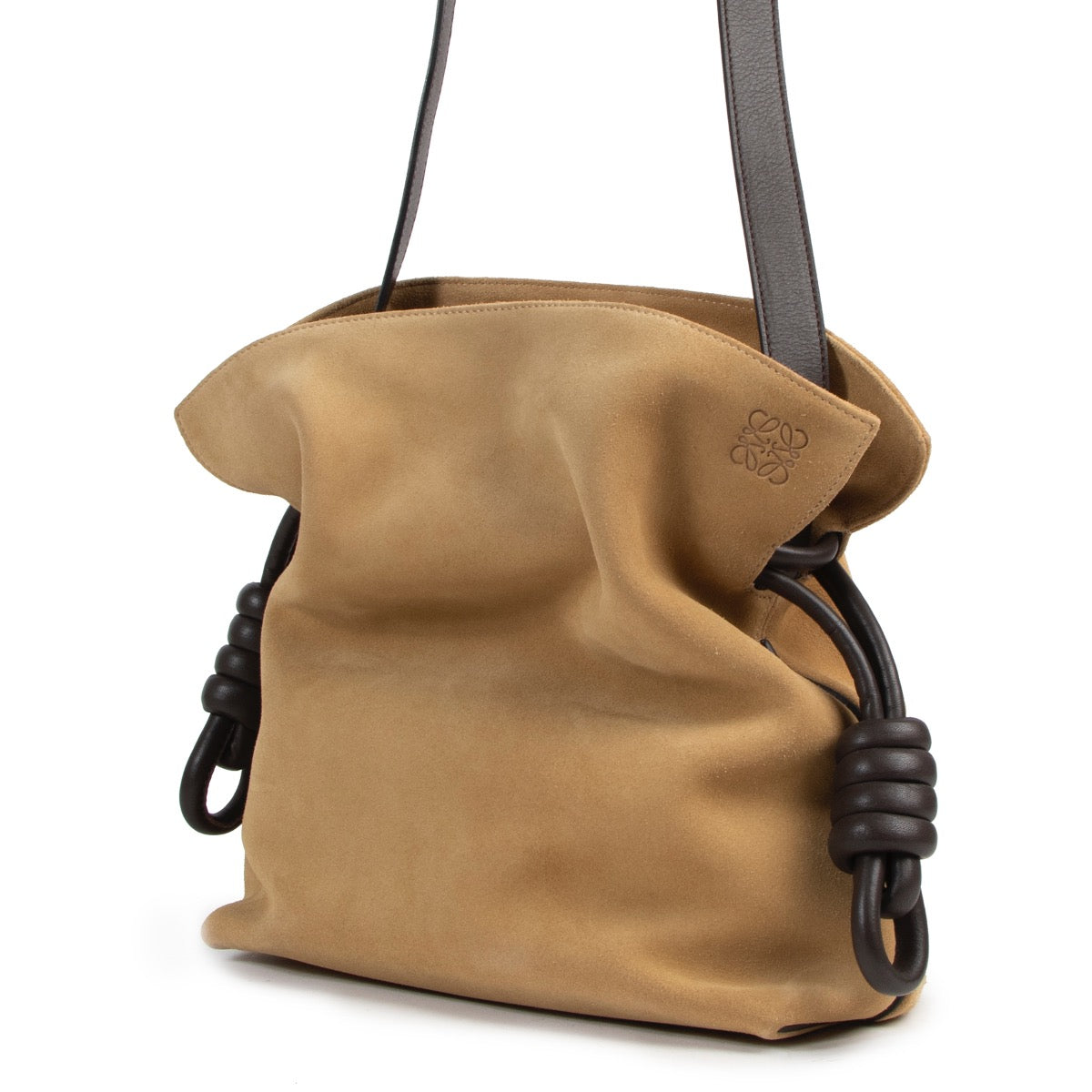 Shop safe online this Loewe Flamenco Knot shoulder bag in beige suede.