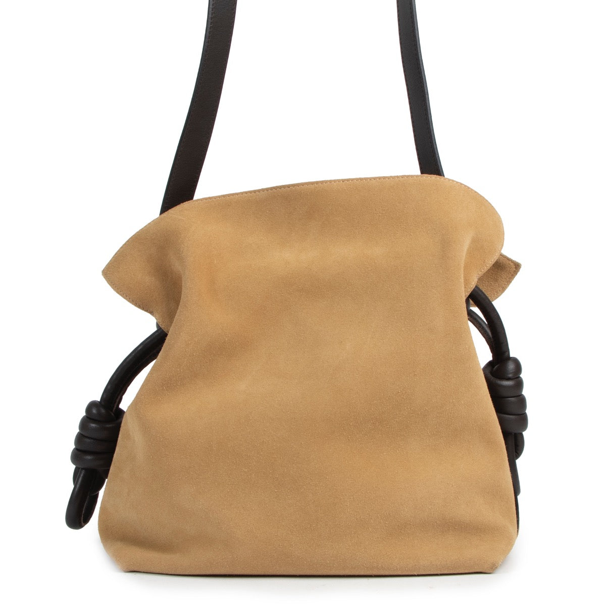Shop safe online this Loewe Flamenco Knot shoulder bag in beige suede.