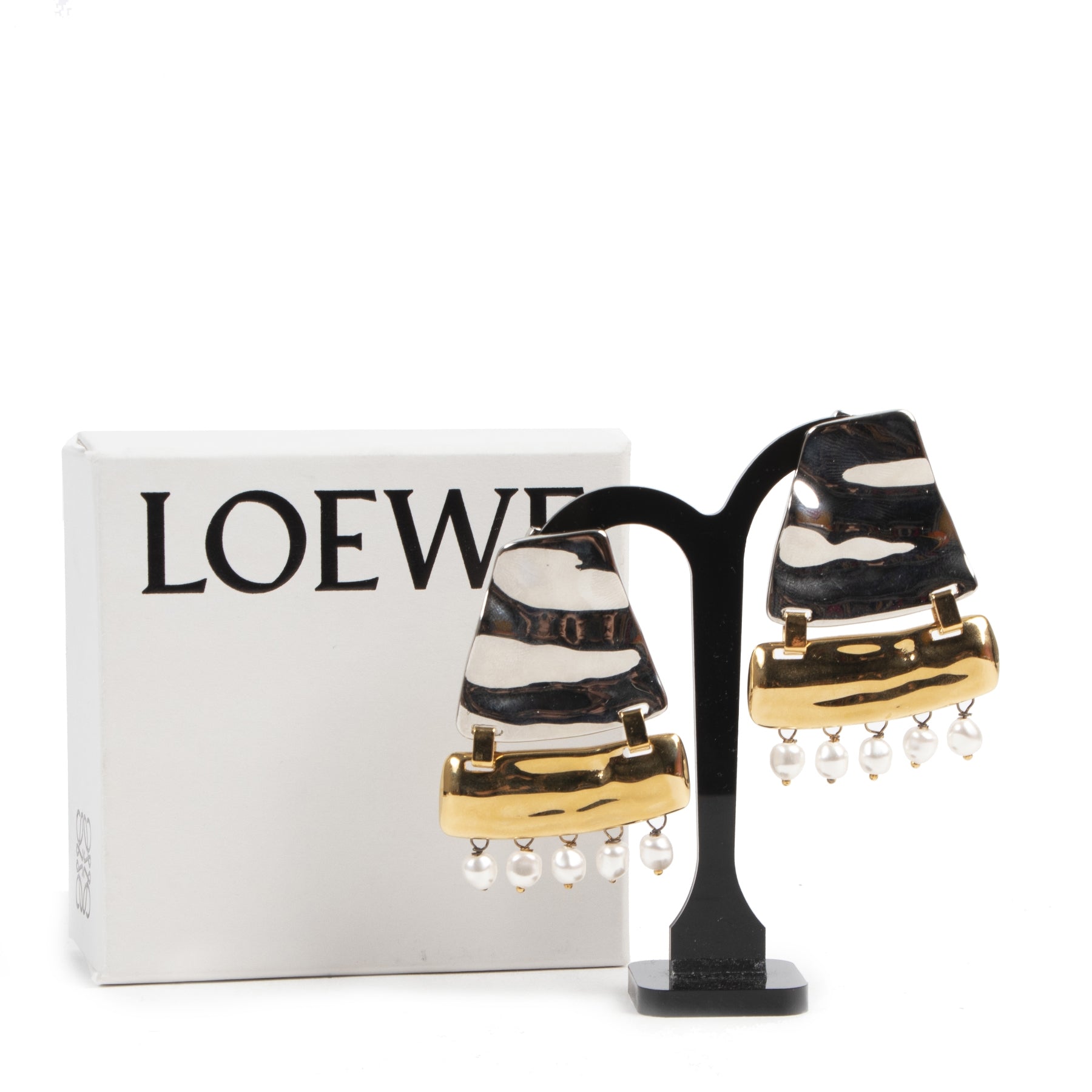 Authentieke Tweedehands Loewe Earth Gold And Silver-tone Faux Pearl Earrings juiste prijs veilig online shoppen luxe merken webshop winkelen Antwerpen België mode fashion