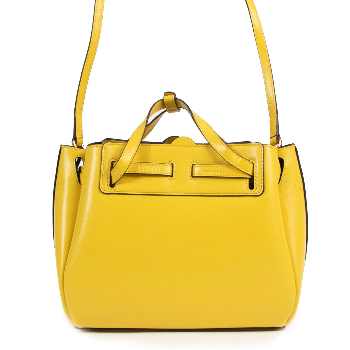 Shop safe online this Loewe Lazo cross-body bag in bright yellow.