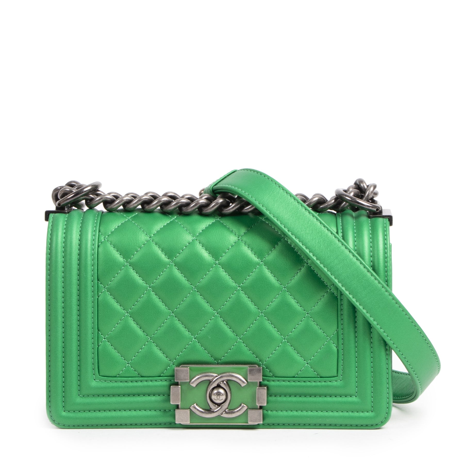 Authentic second-hand vintage Chanel Green Quilted Mini Boy Bag buy online webshop LabelLOV