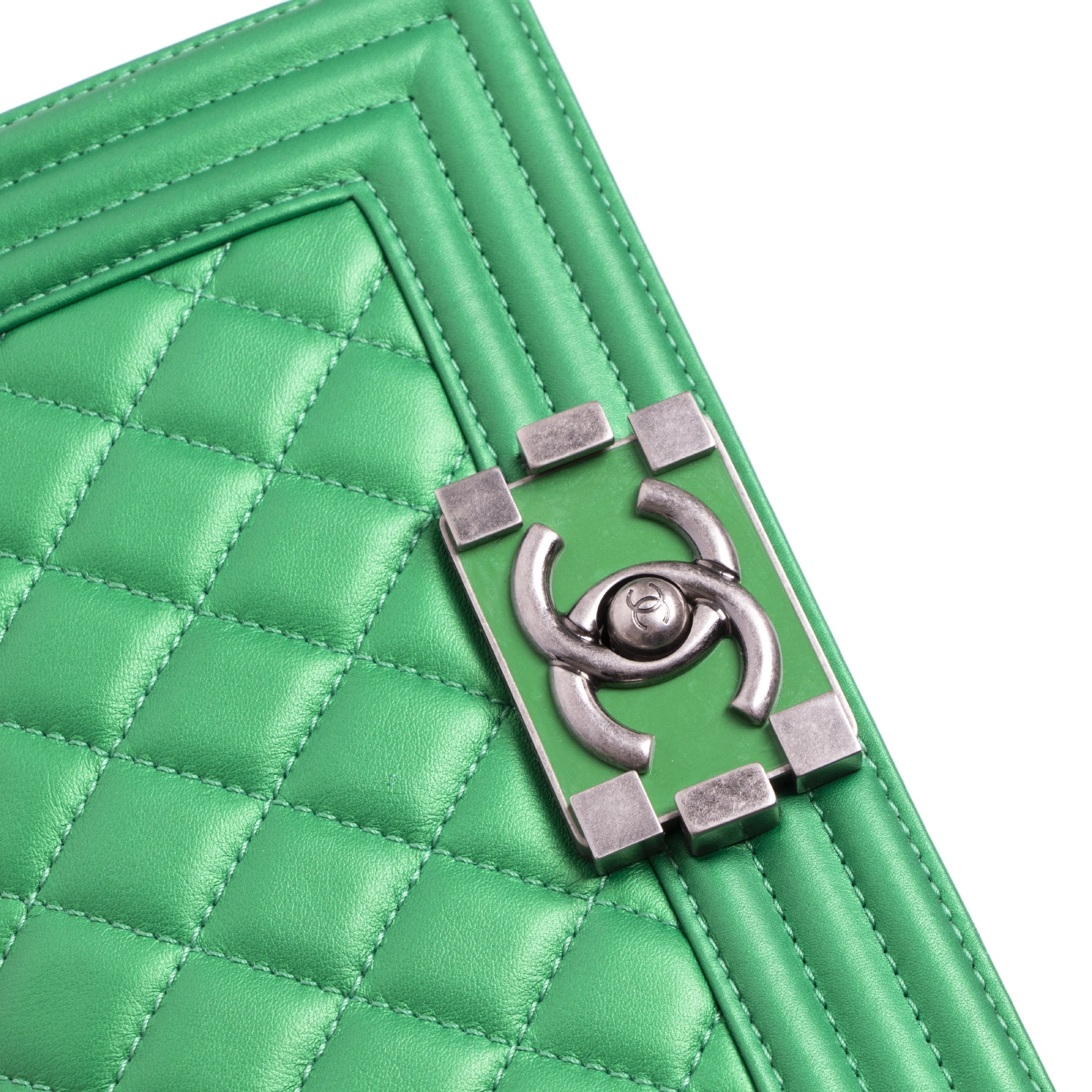 Authentic second-hand vintage Chanel Green Quilted Mini Boy Bag buy online webshop LabelLOV