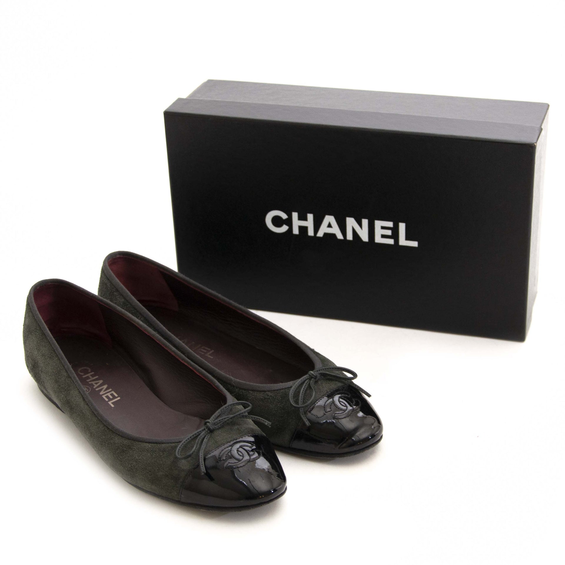 Chanel Suede and Patent Khaki Ballet Flats