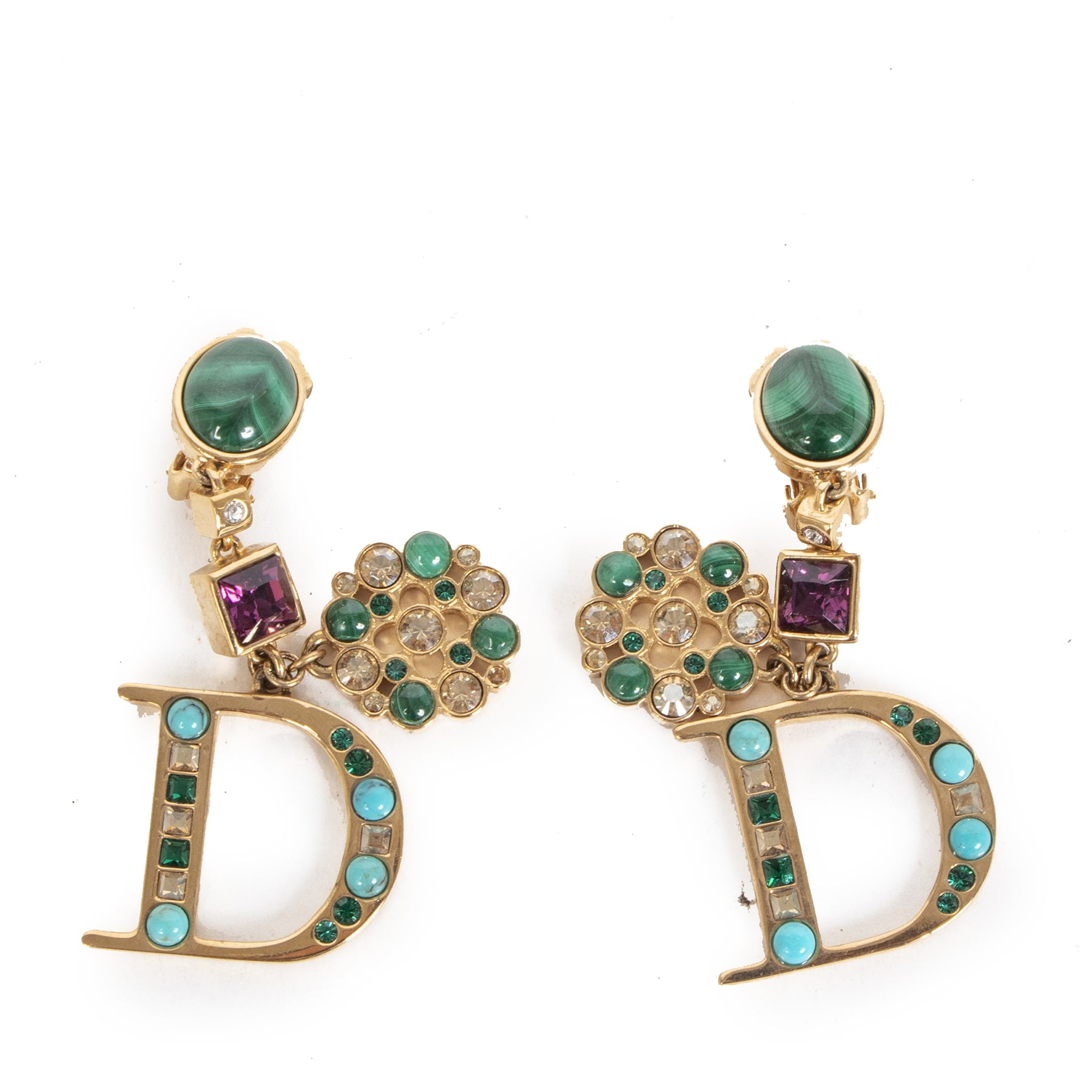 Authentieke tweedehands vintage Dior D Gem Pendant Clip-on Earrings koop online webshop LabelLOV