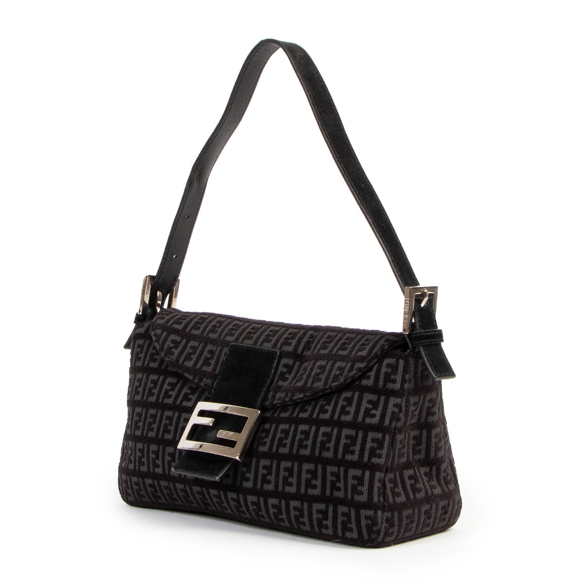Buy online an authentic second hand Fendi Black Zuccchino Baguette Shoulder Bag in very good at Labellov in Antwerp.