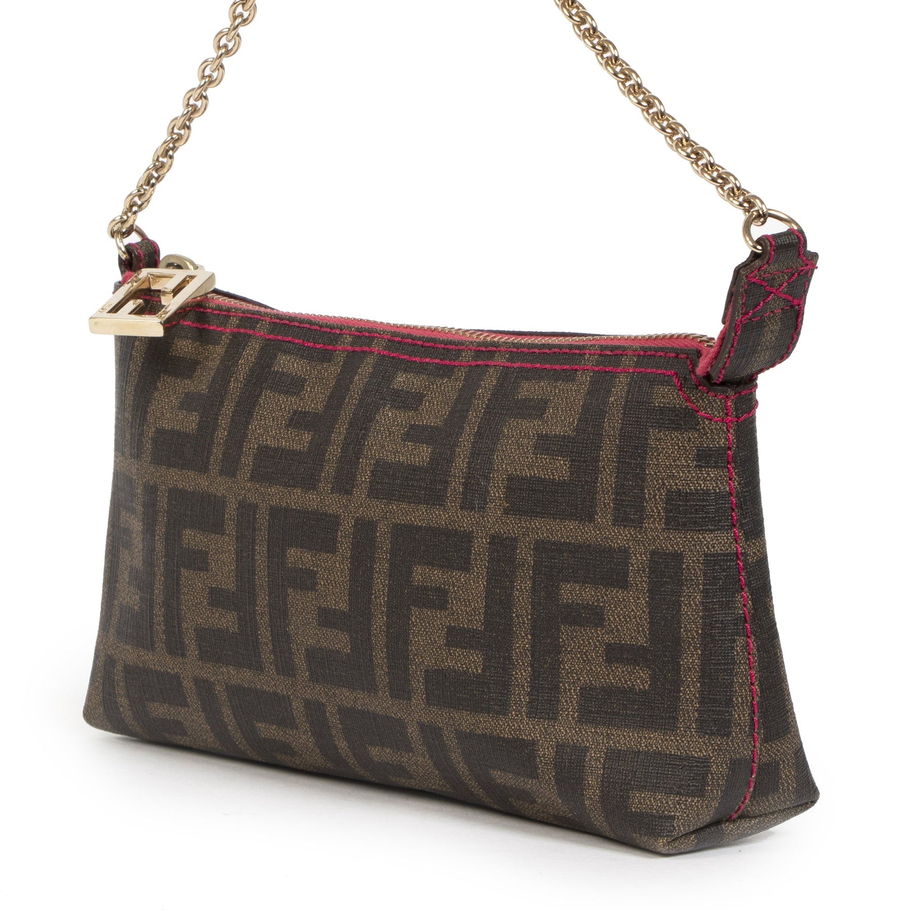 Authentieke tweedehands vintage Fendi Zucca Spalmati Pink Pochette Bag koop online webshop LabelLOV
