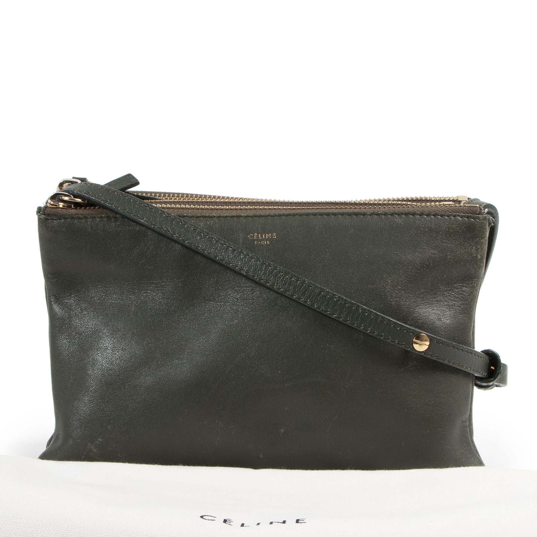 Authentic secondhand Céline Khaki Green Lambskin Trio Bag designer bags fashion luxury vintage webshop safe secure online shopping