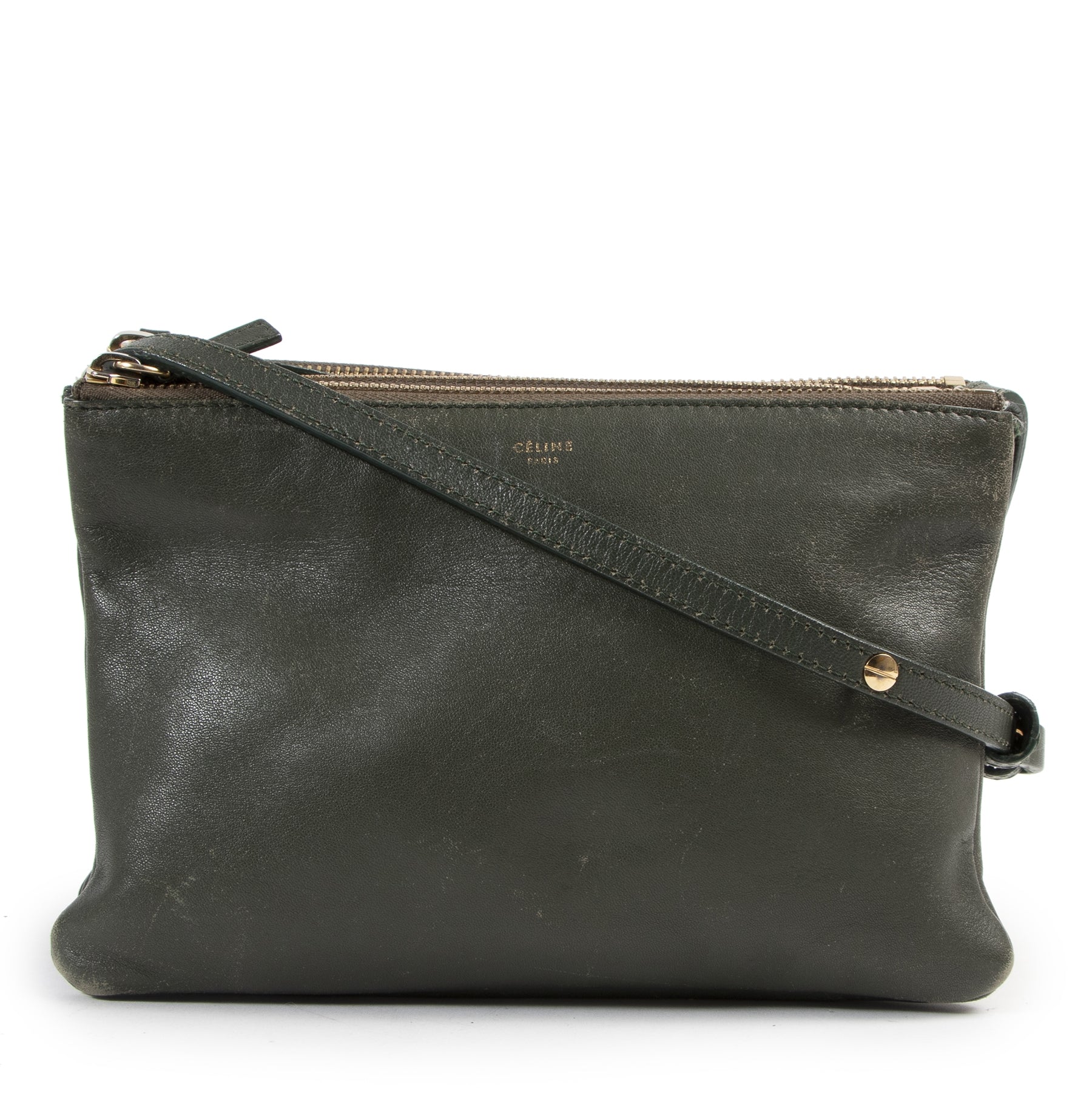Authentic secondhand Céline Khaki Green Lambskin Trio Bag designer bags fashion luxury vintage webshop safe secure online shopping