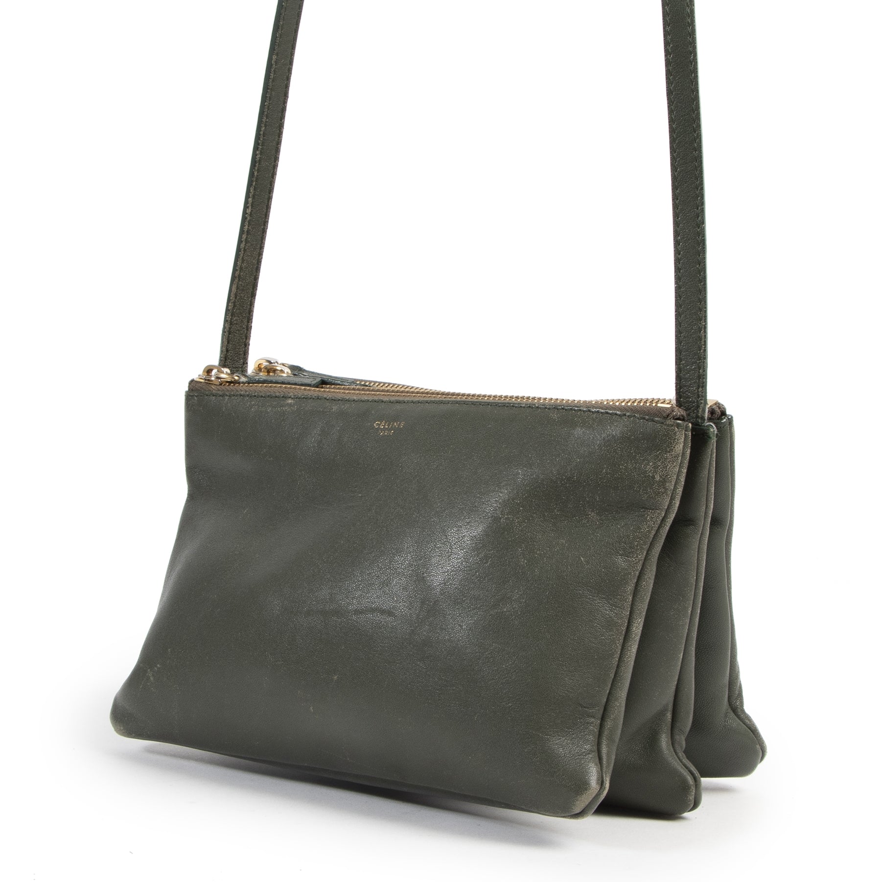 Authentieke Tweedehands Céline Khaki Green Lambskin Trio Bag juiste prijs veilig online shoppen luxe merken webshop winkelen Antwerpen België mode fashion